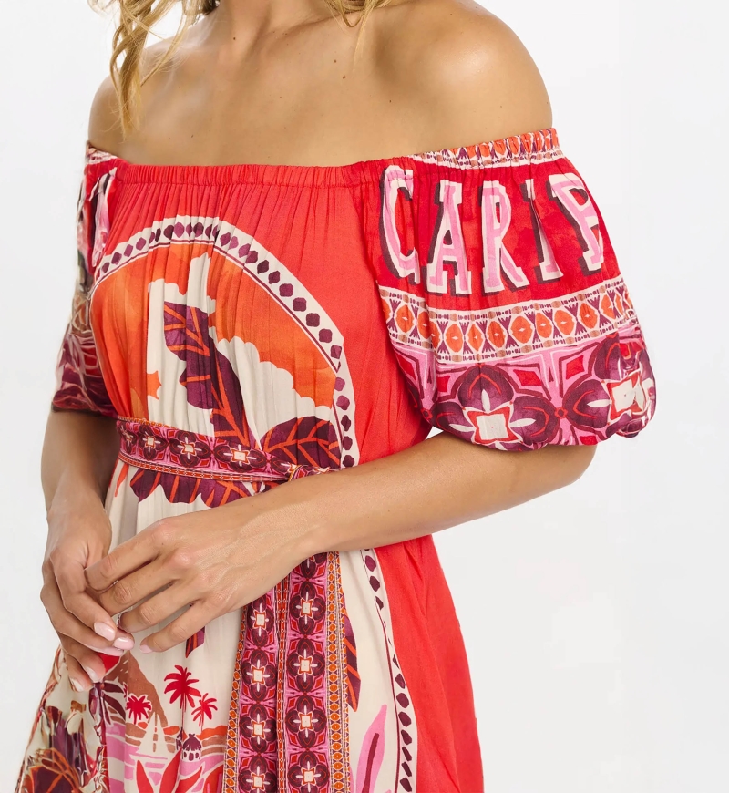 Dress Peony Short Sleeves Long Dress with pockets and matching belt , 100% modal printed - Miss June Paris - 3