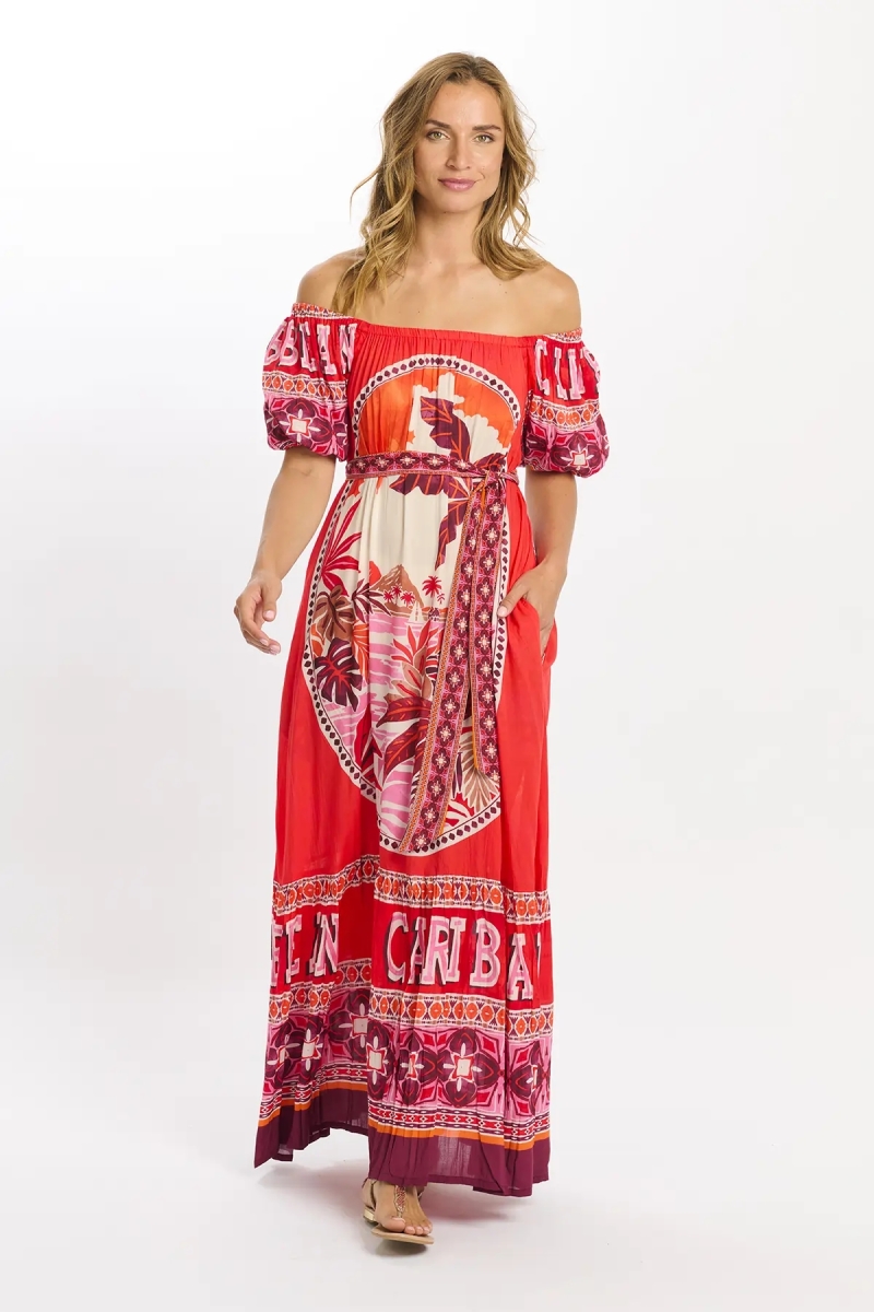 Dress Peony Short Sleeves Long Dress with pockets and matching belt , 100% modal printed - Miss June Paris - 2