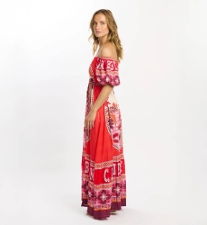 Robe Peony – Robe longue à manches courtes avec poches et ceinture assortie, en modal imprimé, 100 % modal – Miss June Paris - 5