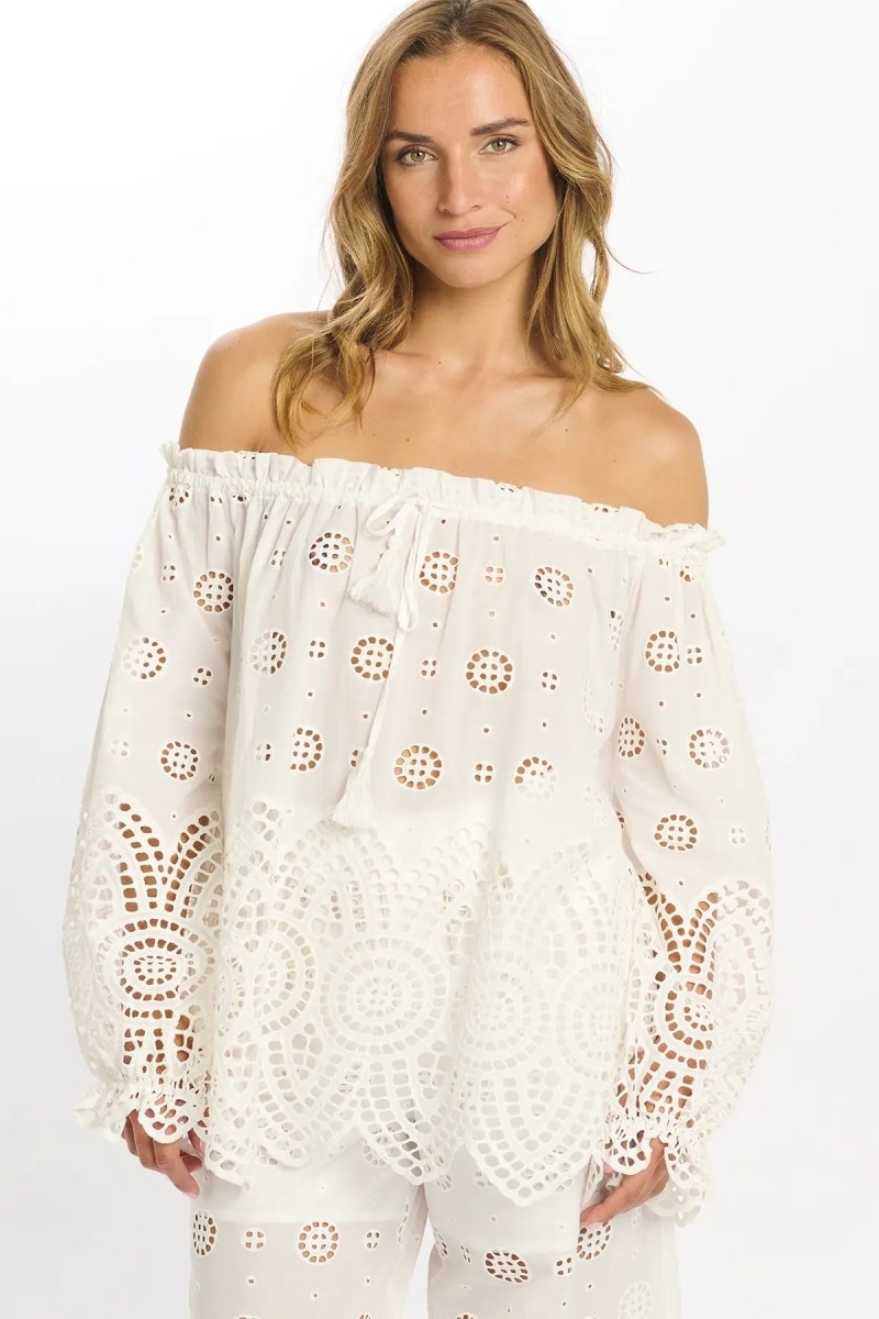 Top Opaline Off-shoulder Long Sleeved, 100% cotton with laces embroidery - Miss June Paris - 5