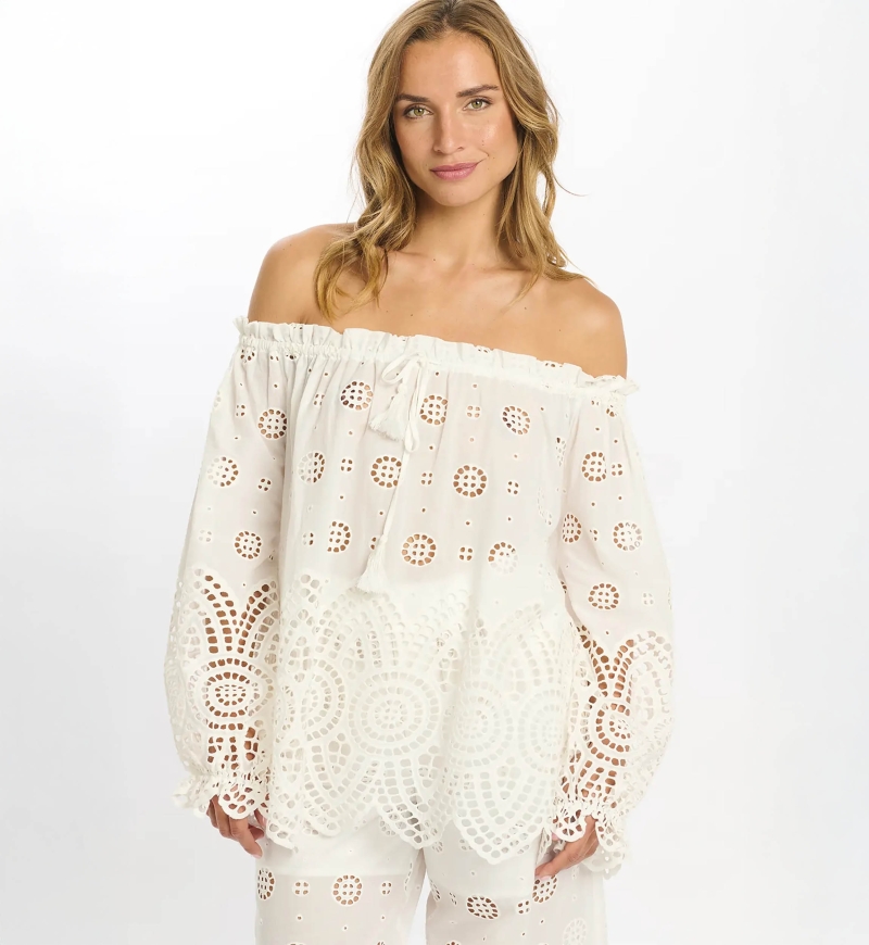 Top Opaline – Top épaules dénudées à manches longues, en coton avec broderies et lacets, 100 % coton – Miss June Paris - 5