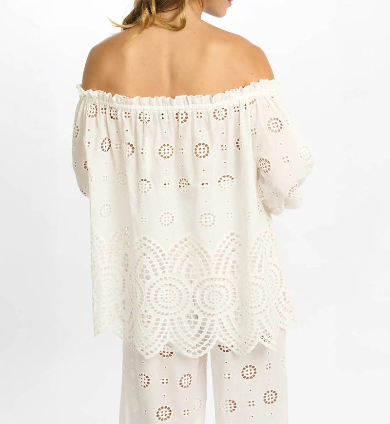 Top Opaline Off-shoulder Long Sleeved, 100% cotton with laces embroidery - Miss June Paris - 6