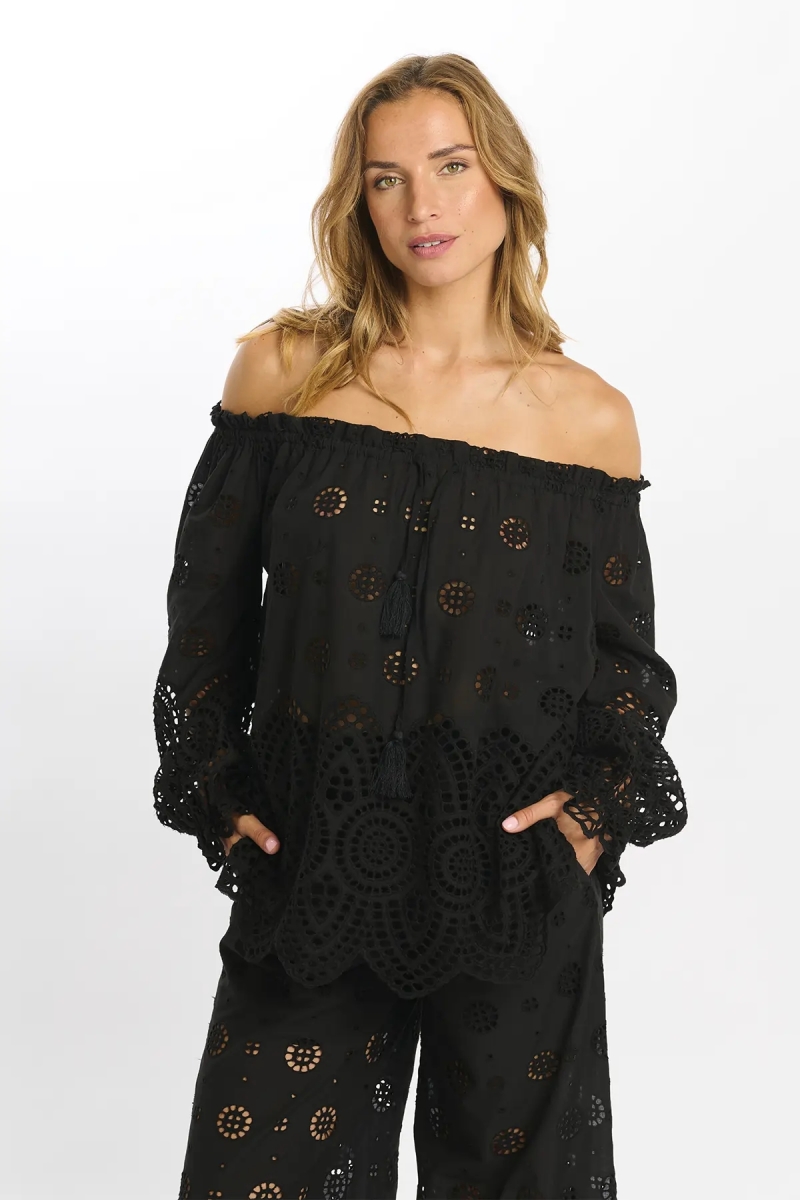 Top Opaline Off-shoulder Long Sleeved, 100% cotton with laces embroidery - Miss June Paris - 7