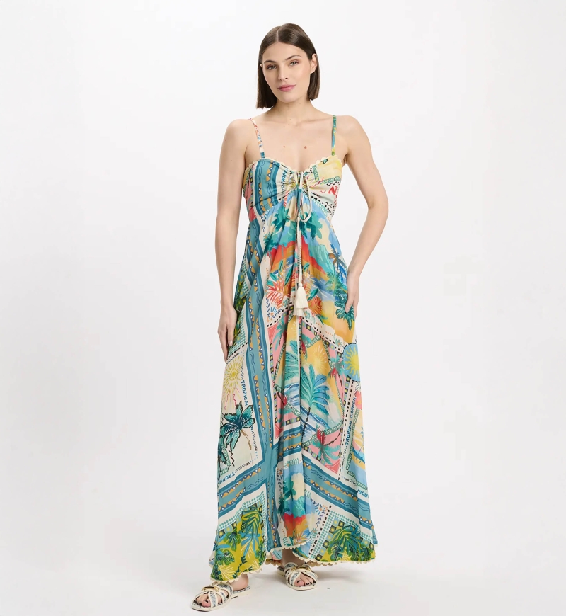 Dress Britney Thin Straps Long, 100% modal printed with laces - Miss June Paris - 2