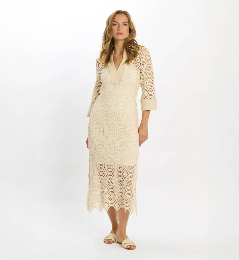 Dress Baley Long Sleeves Long with inner, 100% cotton crochet with embroidery - Miss June Paris - 2