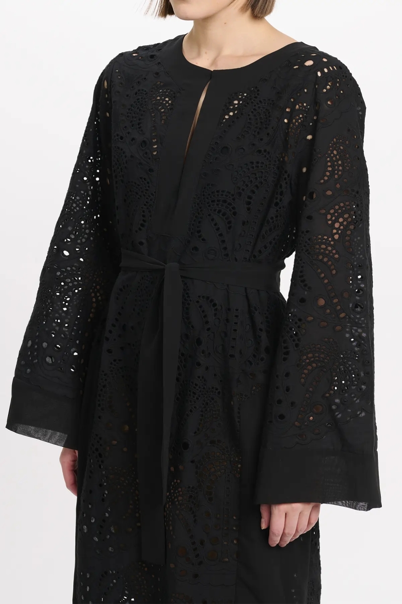 Dress Penny Long Sleeves Long Dress with belt, 100% cotton with laces embroidery - Miss June Paris - 4