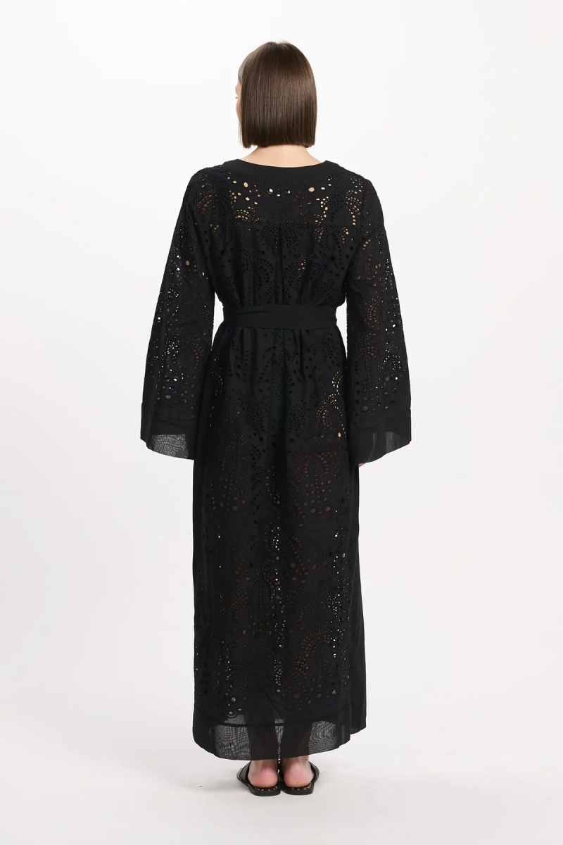 Robe Penny – Robe longue à manches longues avec ceinture, en coton avec broderies et lacets, 100 % coton – Miss June Paris - 5