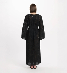 Dress Penny Long Sleeves Long Dress with belt, 100% cotton with laces embroidery - Miss June Paris - 5