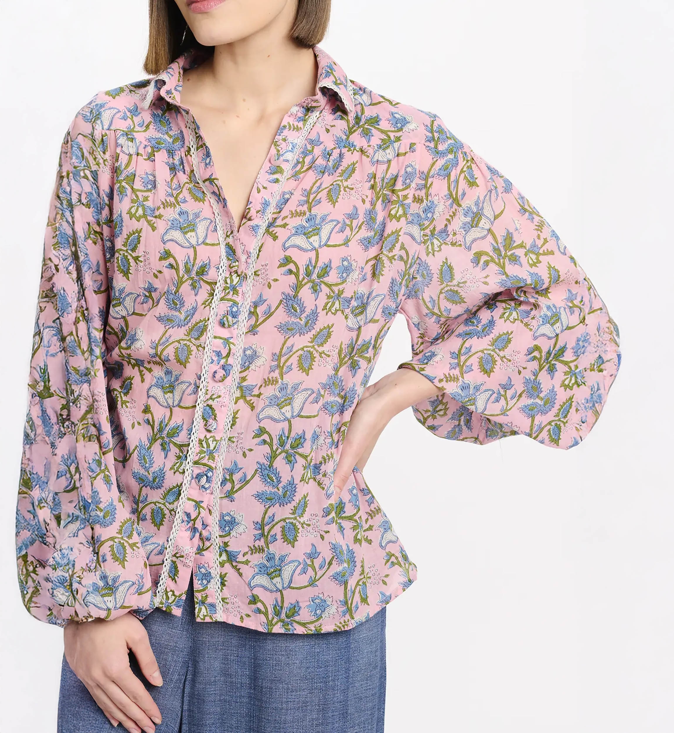 Shirt Azalee Long Sleeves, 100% cotton printed with laces - Miss June Paris - 3