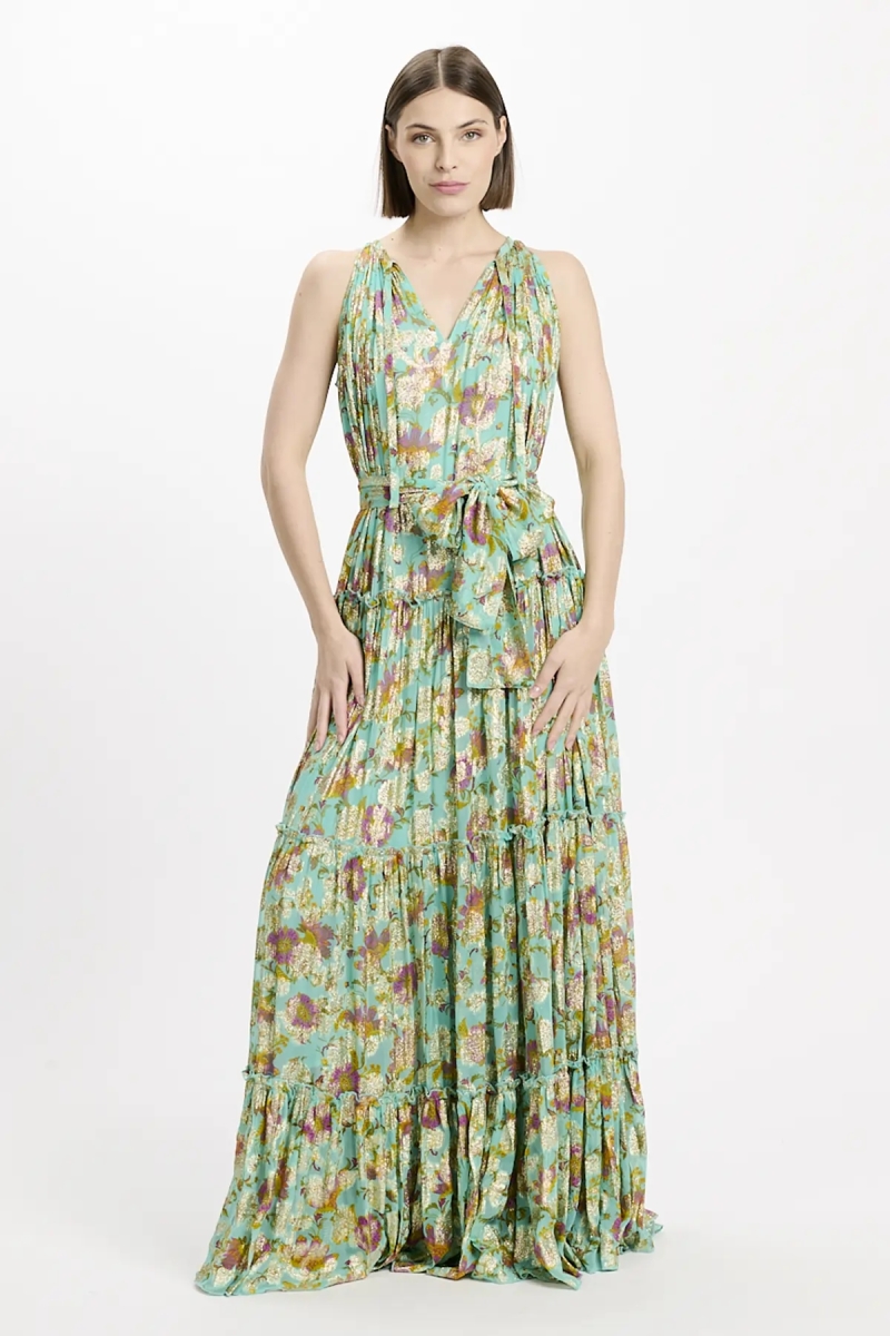 Robe longue Chelsea 100% rayon en lurex aqua sans manches avec ceinture assortie et fond - Miss June Paris - 2