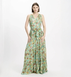 Robe longue Chelsea 100% rayon en lurex aqua sans manches avec ceinture assortie et fond - Miss June Paris - 2