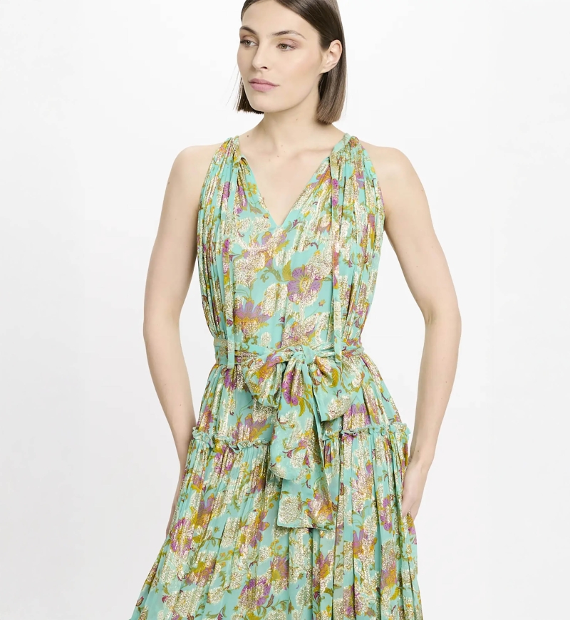 Vestido largo Chelsea 100 % rayón de lurex aqua sin mangas con cinturón a juego y forro – Miss June Paris – 3