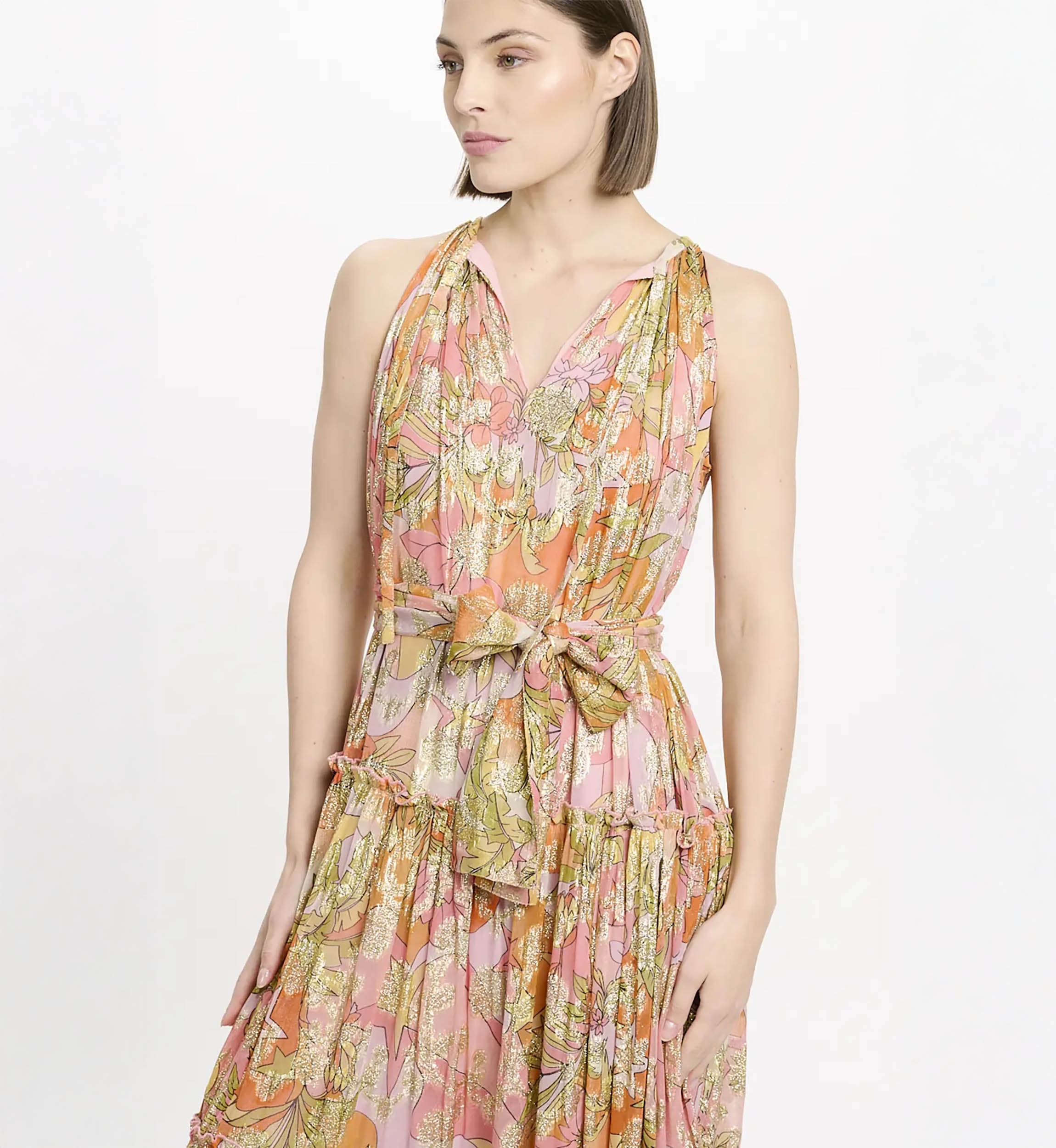 Brooke Dress – Robe longue rose en rayonne lurex avec ceinture et fond assortis , 100% rayonne - Miss June Paris