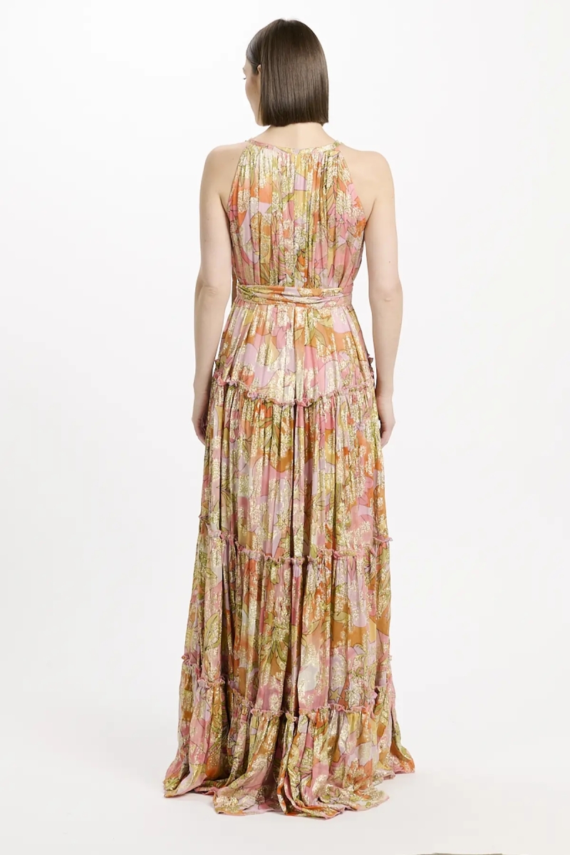 Brooke Dress – Robe longue rose en rayonne lurex avec ceinture et fond assortis , 100% rayonne - Miss June Paris