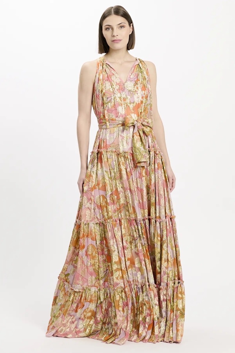 Brooke Dress – Robe longue rose en rayonne lurex avec ceinture et fond assortis , 100% rayonne - Miss June Paris