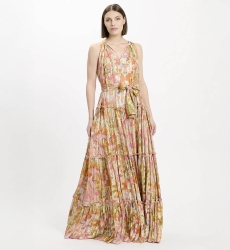 Brooke Dress – Robe longue rose en rayonne lurex avec ceinture et fond assortis , 100% rayonne - Miss June Paris