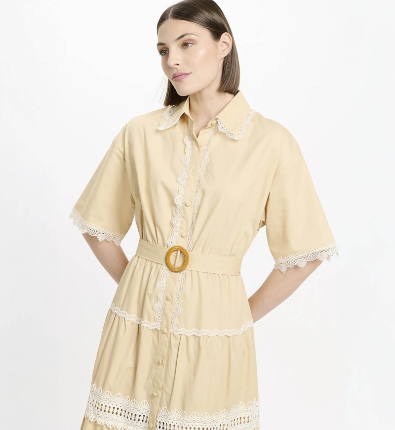 Vestido Betty – Vestido largo con mangas cortas y cinturón, 100 % algodón con bordados de encaje – 8