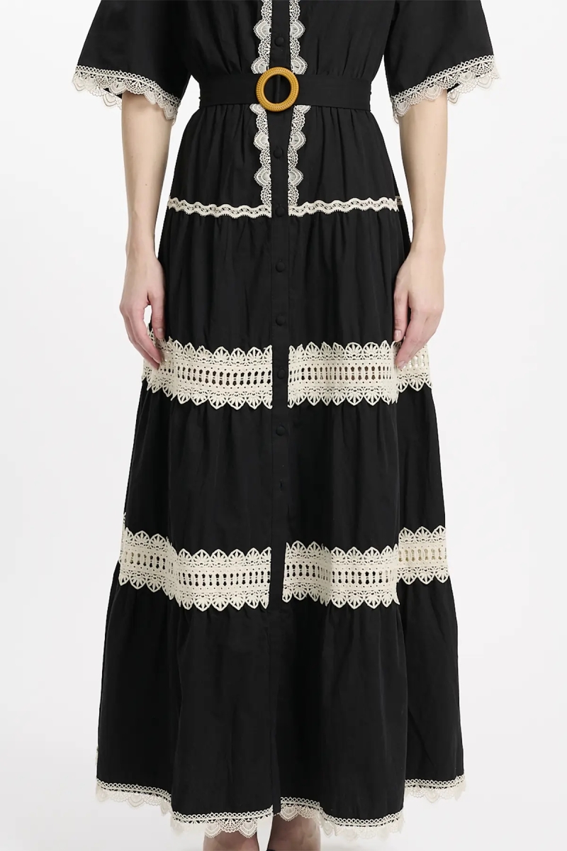 Vestido Betty – Vestido largo con mangas cortas y cinturón, 100 % algodón con bordados de encaje – 9