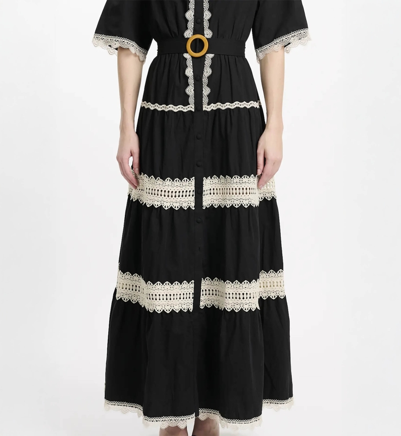 Dress Betty Short Sleeves Long Dress with belt, 100% cotton with laces embroidery  - 9