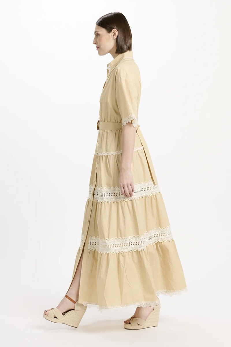 Dress Betty Short Sleeves Long Dress with belt, 100% cotton with laces embroidery  - 6