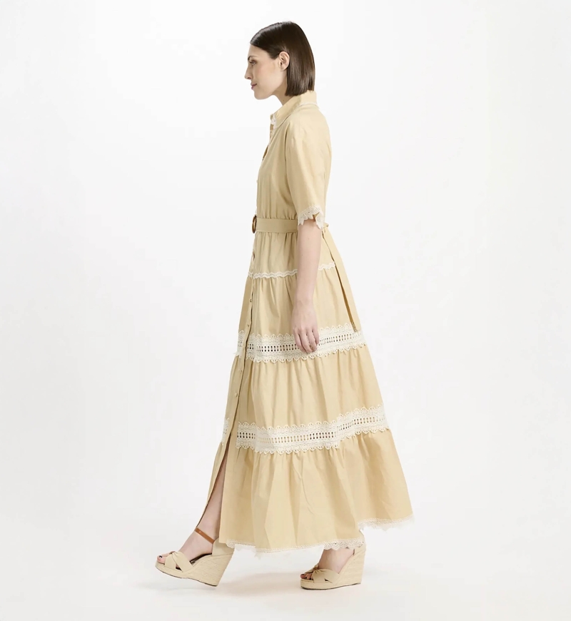 Robe Betty – Robe longue à manches courtes avec ceinture, en coton avec broderies et lacets, 100 % coton – Miss June Paris - 6