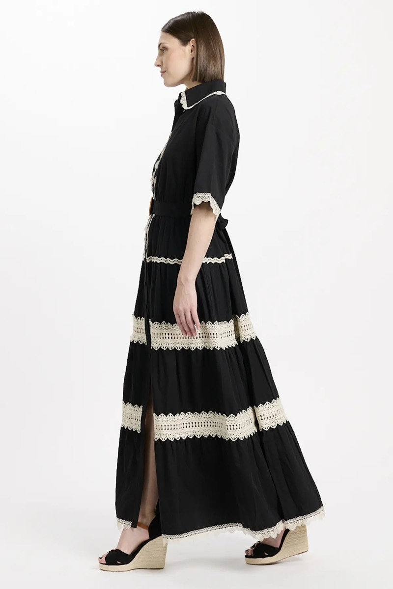 Vestido Betty – Vestido largo con mangas cortas y cinturón, 100 % algodón con bordados de encaje – 7