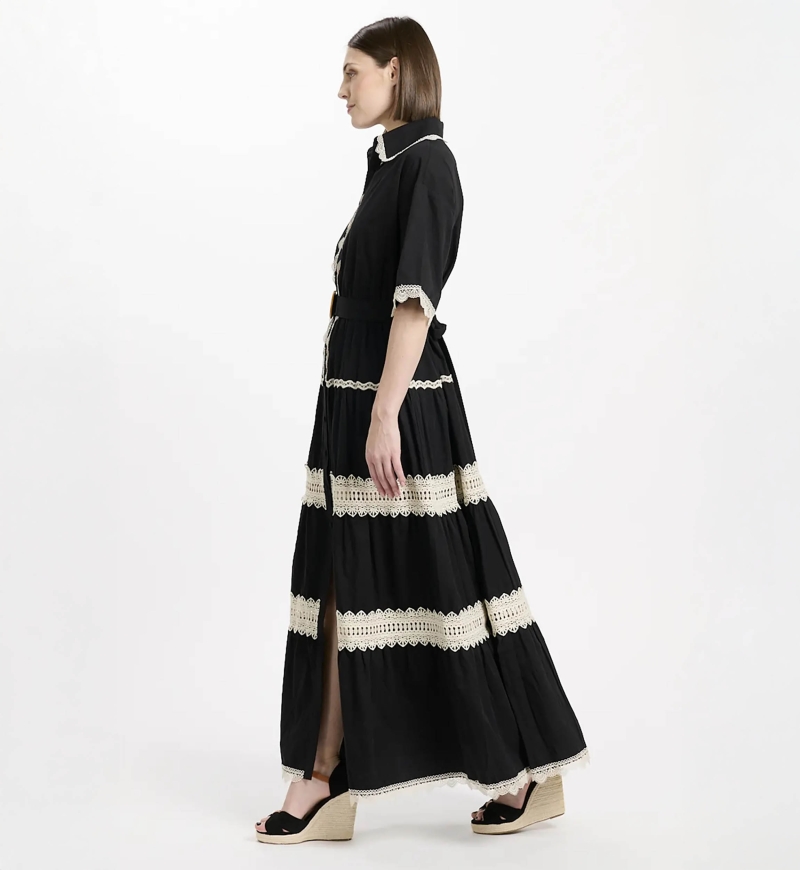 Robe Betty – Robe longue à manches courtes avec ceinture, en coton avec broderies et lacets, 100 % coton – Miss June Paris - 7