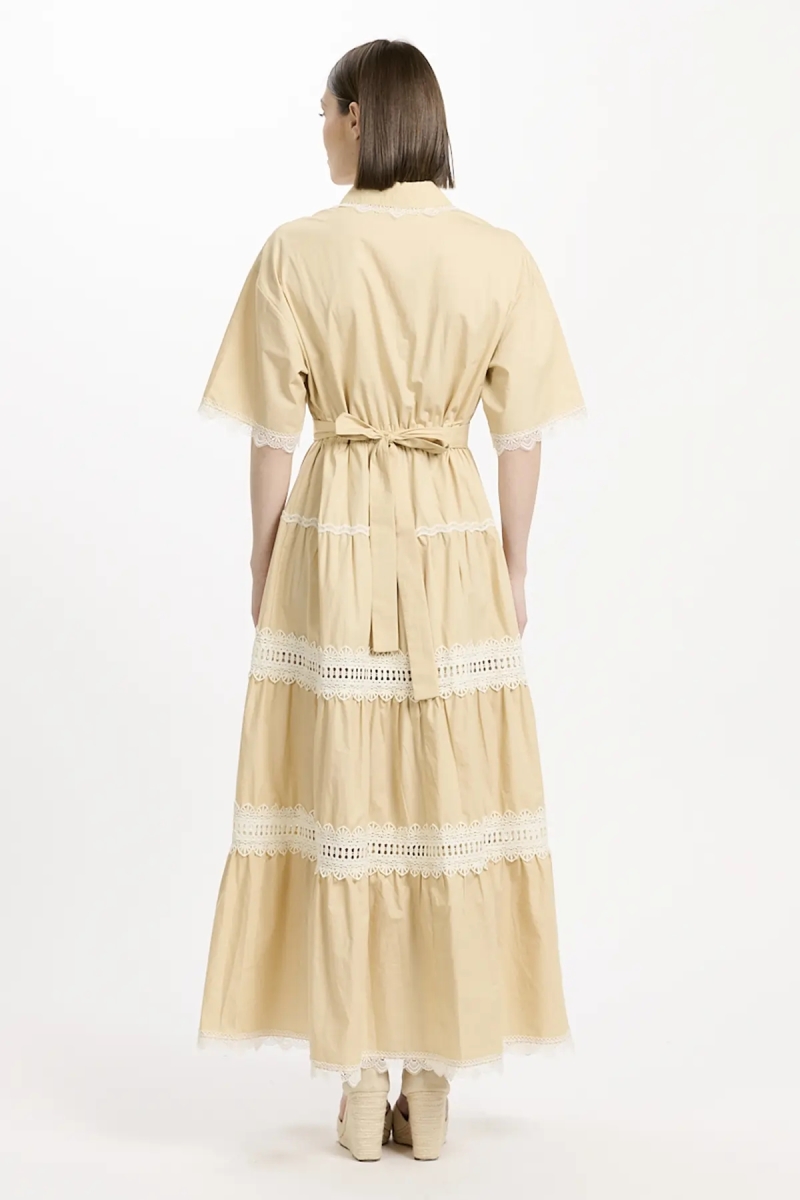 Dress Betty Short Sleeves Long Dress with belt, 100% cotton with laces embroidery  - 10