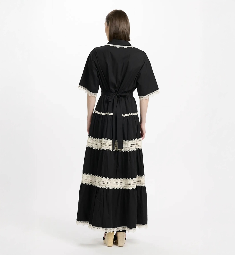 Robe Betty – Robe longue à manches courtes avec ceinture, en coton avec broderies et lacets, 100 % coton – Miss June Paris - 11