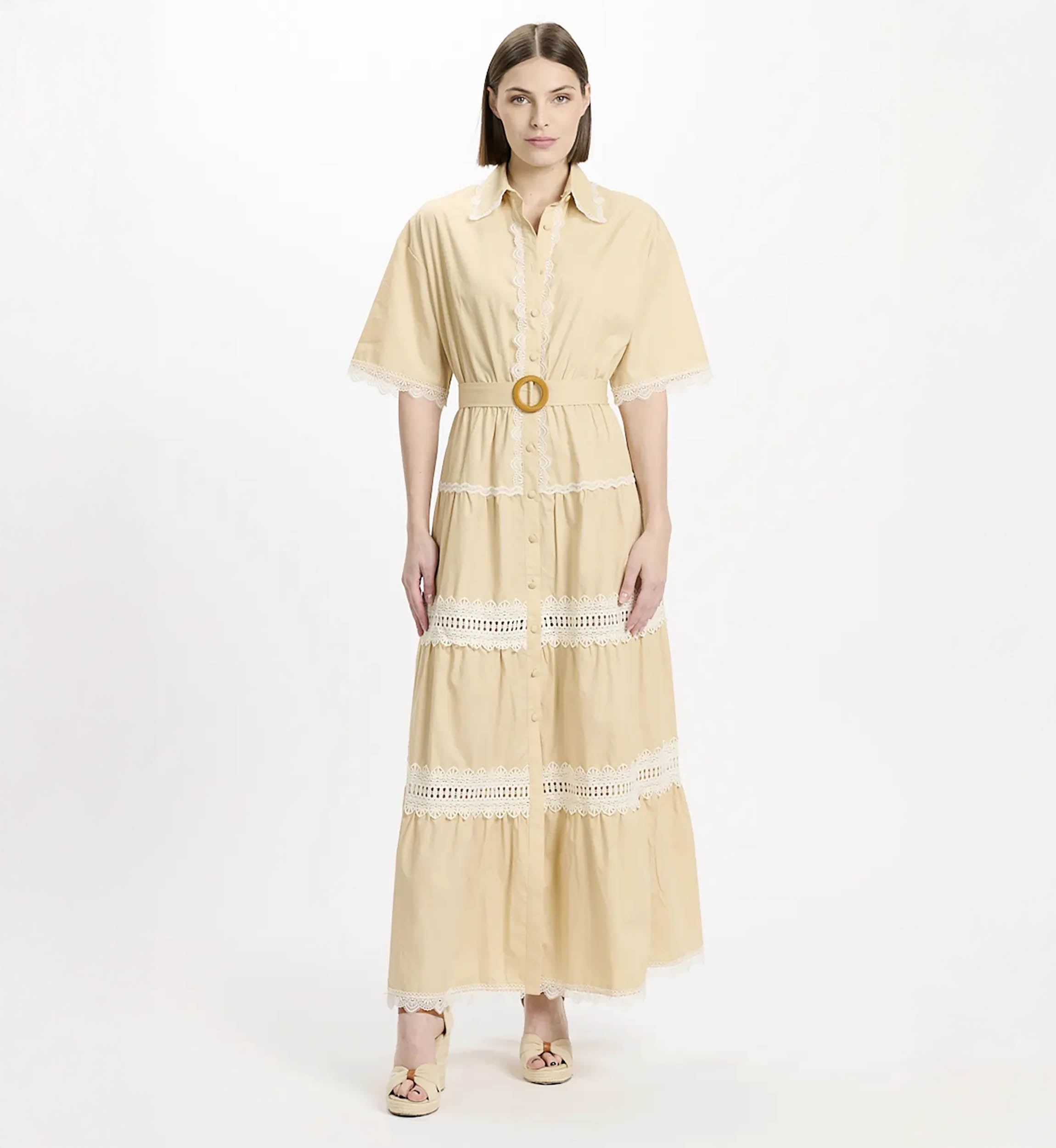Robe Betty – Robe longue à manches courtes avec ceinture, en coton avec broderies et lacets, 100 % coton – Miss June Paris - 4