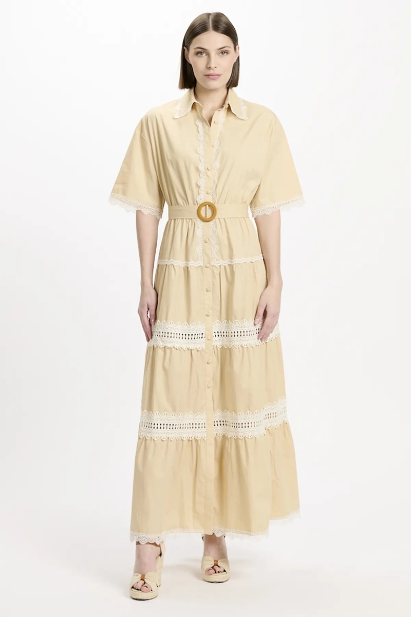 Vestido Betty – Vestido largo con mangas cortas y cinturón, 100 % algodón con bordados de encaje – 4