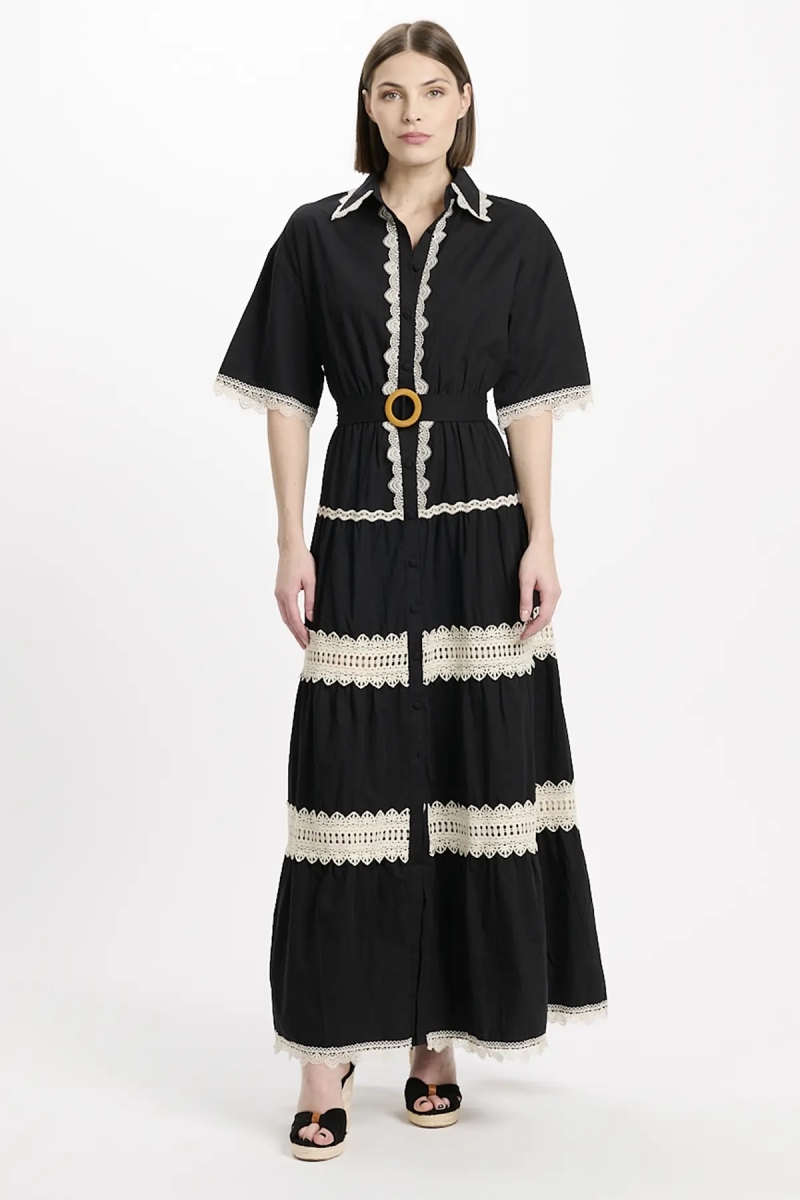 Dress Betty Short Sleeves Long Dress with belt, 100% cotton with laces embroidery  - 5