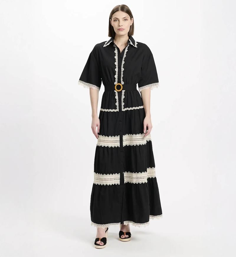 Dress Betty Short Sleeves Long Dress with belt, 100% cotton with laces embroidery  - 5