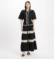 Vestido Betty – Vestido largo con mangas cortas y cinturón, 100 % algodón con bordados de encaje – 5