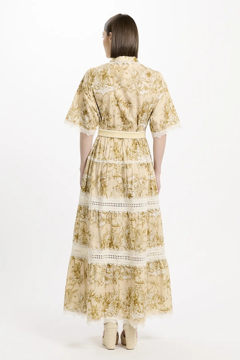 Dress Aliza Short Sleeves Long Dress with belt, 100% cotton with laces - Miss June Paris - 5