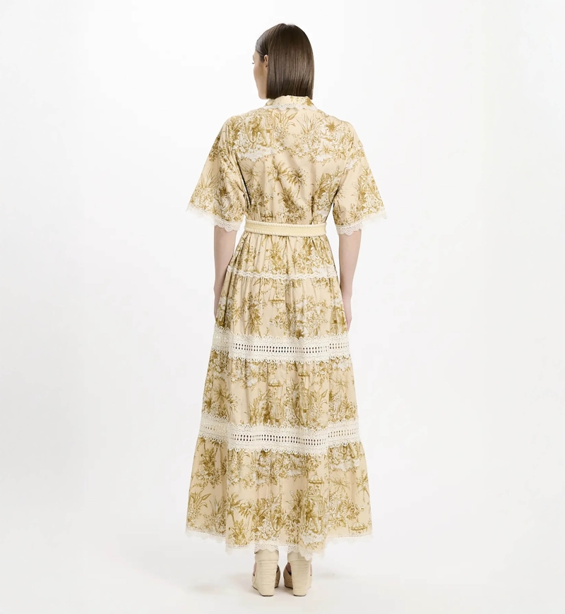 Dress Aliza Short Sleeves Long Dress with belt, 100% cotton with laces - Miss June Paris - 5