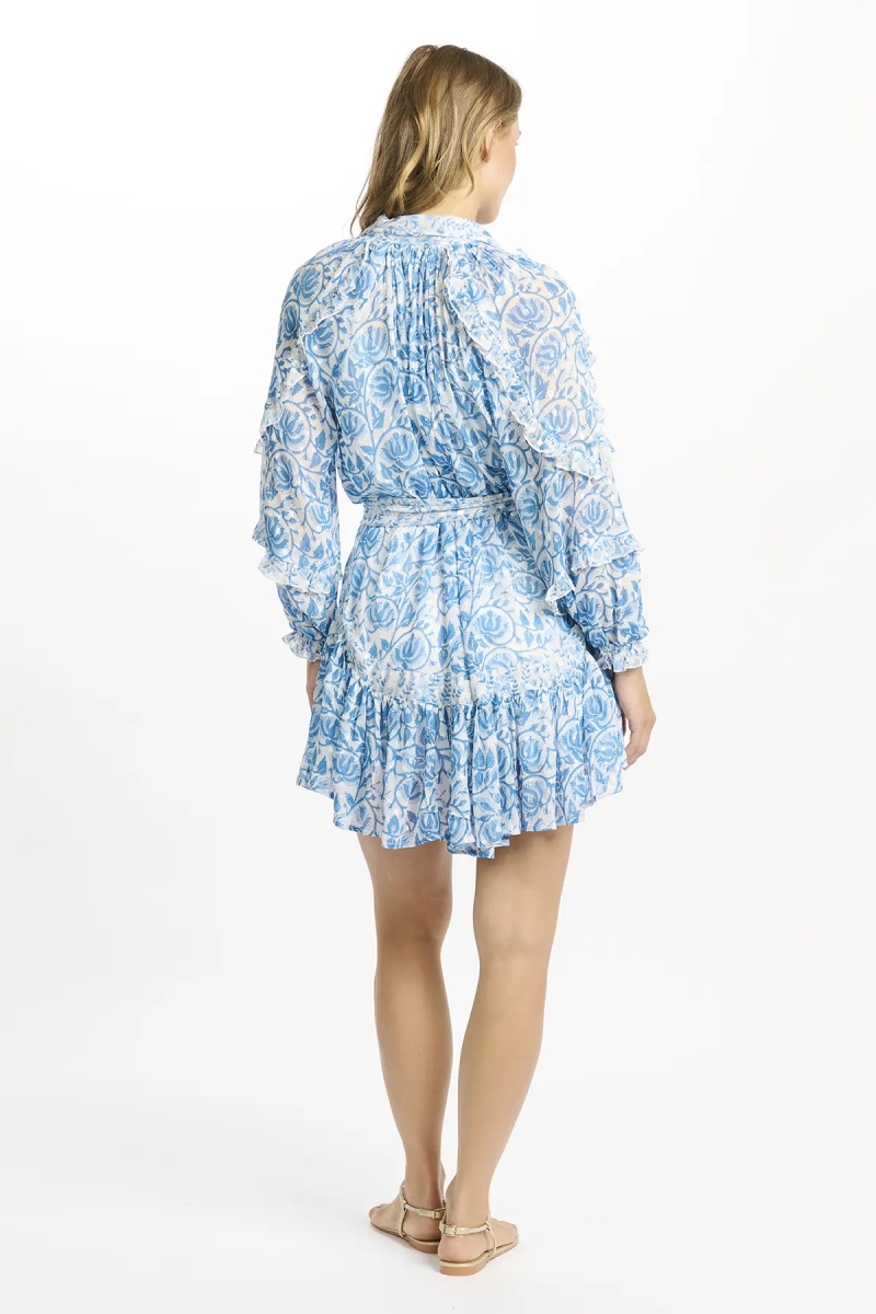 Babeth Dress – Robe courte bleue à manches longues avec ceinture assortie et fond, 100% rayon, Miss June Paris - 5