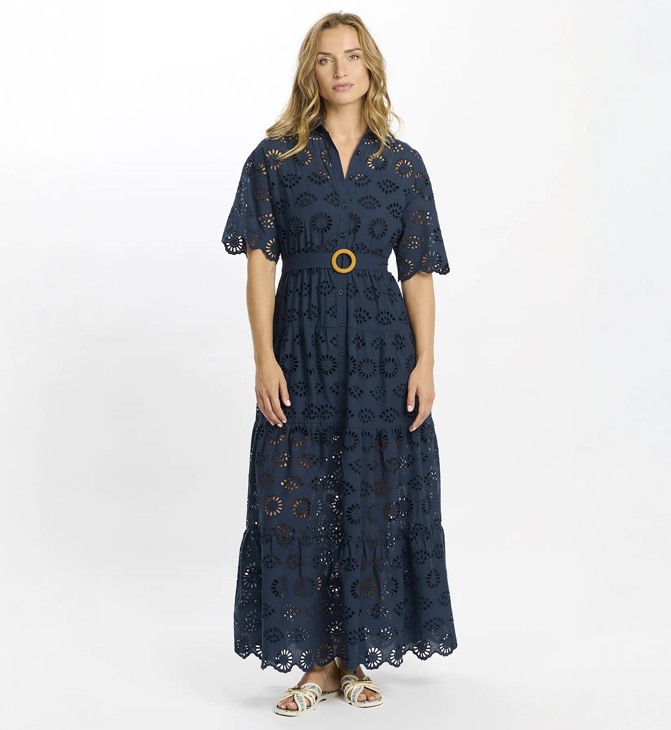 Robe Apoline – Robe longue à manches courtes avec ceinture, en coton avec lacets, 100 % coton – Miss June Paris - 3