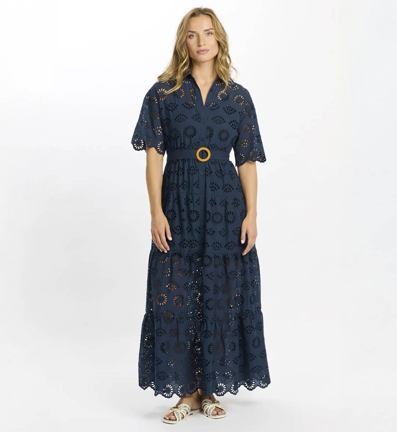 Dress Apoline Short Sleeves Long with belt, 100% cotton with laces - Miss June Paris - 3