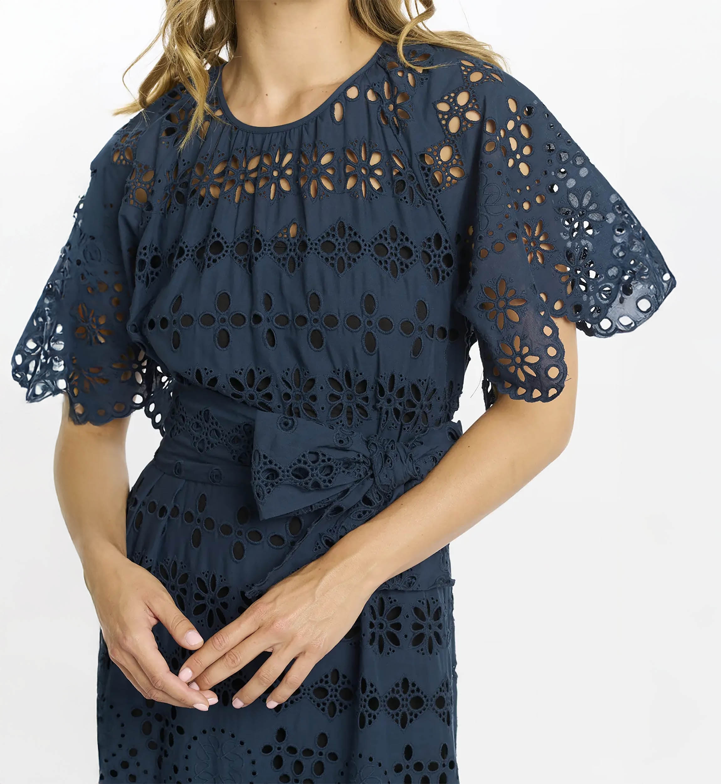 Astrid Dress Short Sleeves Long Dress with inner and belt, 100% cotton laces embroidery  - Miss June Paris - 3