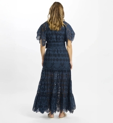 Robe Astrid – Robe longue à manches courtes avec doublure et ceinture, 100% coton avec broderies et lacets – Miss June Paris - 4