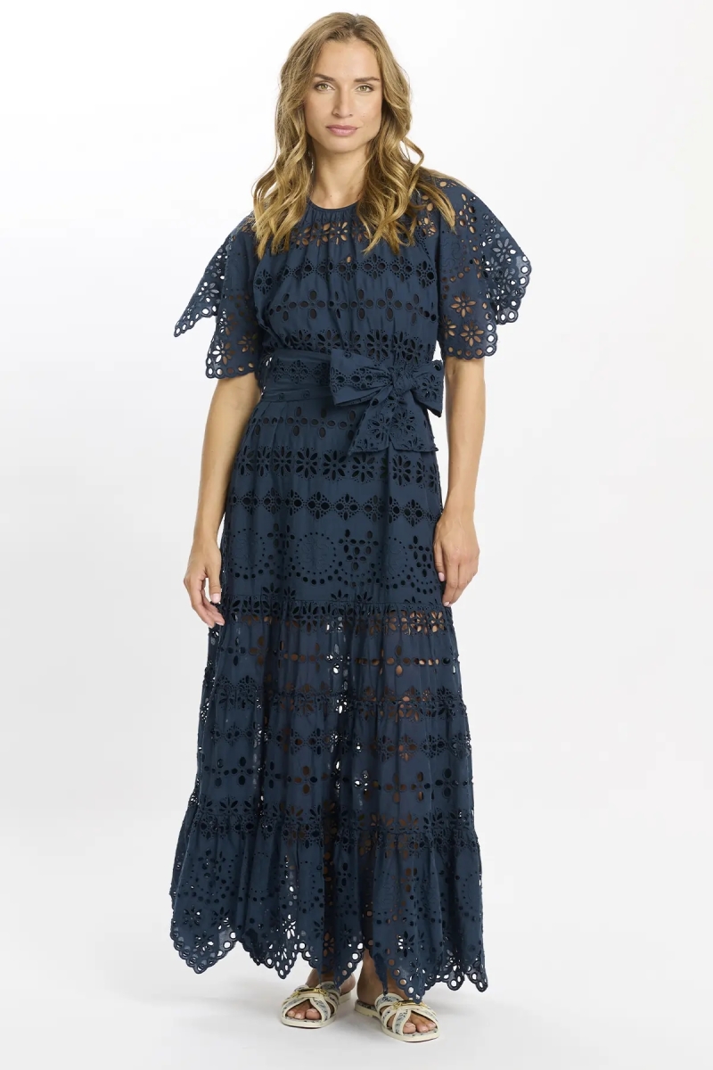 Astrid Dress Short Sleeves Long Dress with inner and belt, 100% cotton laces embroidery  - Miss June Paris - 2