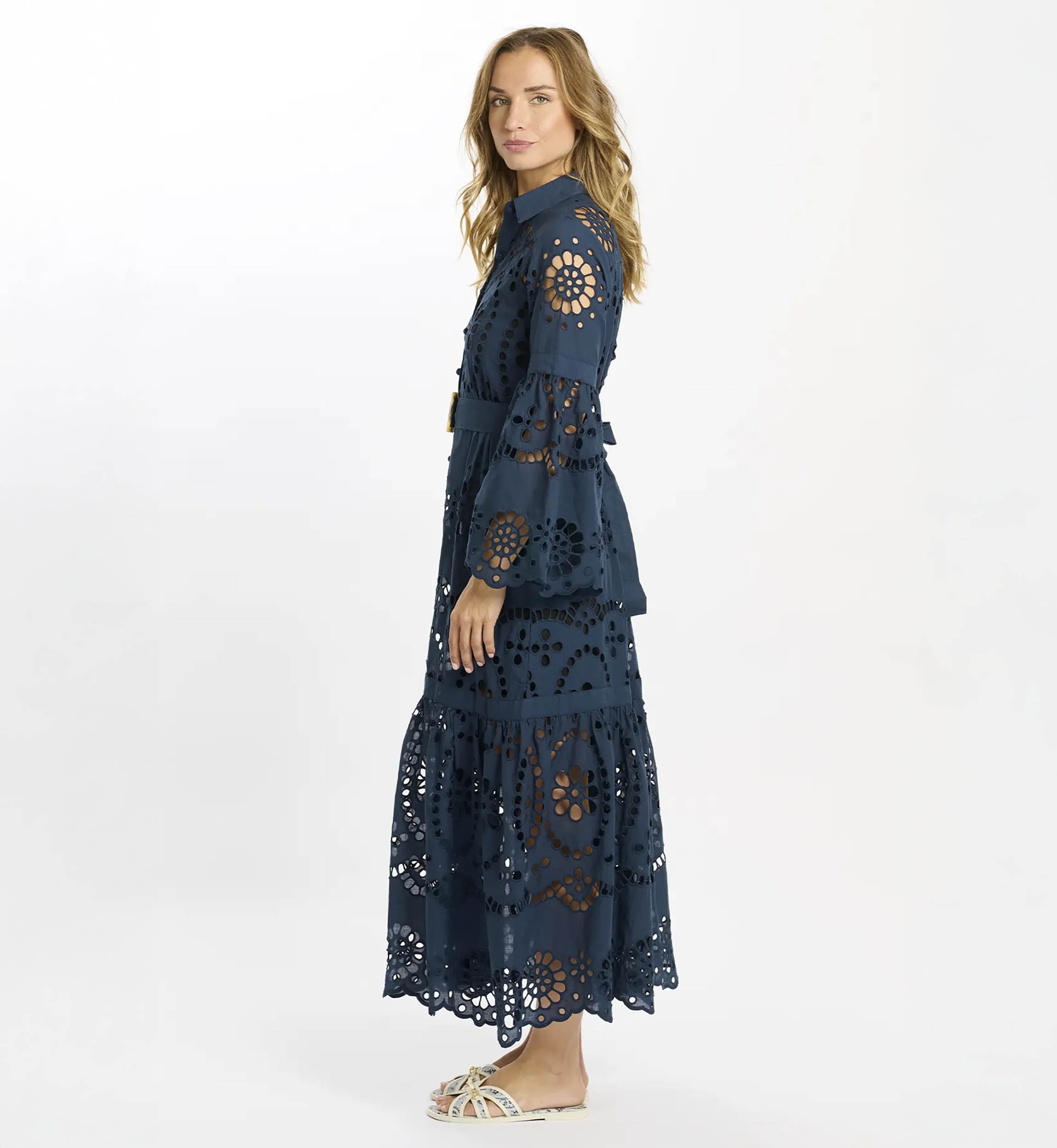 Dress Aurelia Long Sleeves Long Dress, 100% cotton laces with inner and belt - Miss June Paris - 4