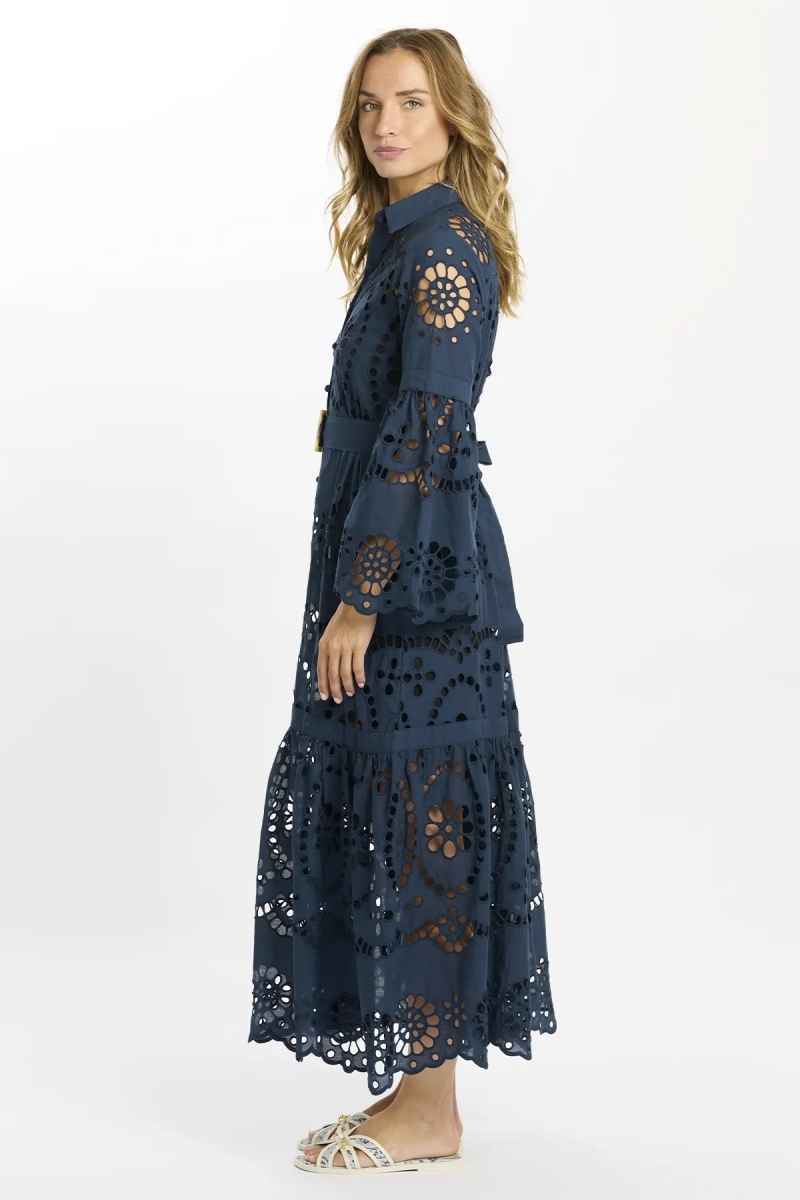 Dress Aurelia Long Sleeves Long Dress, 100% cotton laces with inner and belt - Miss June Paris - 4