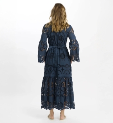 Dress Aurelia Long Sleeves Long Dress, 100% cotton laces with inner and belt - Miss June Paris - 5