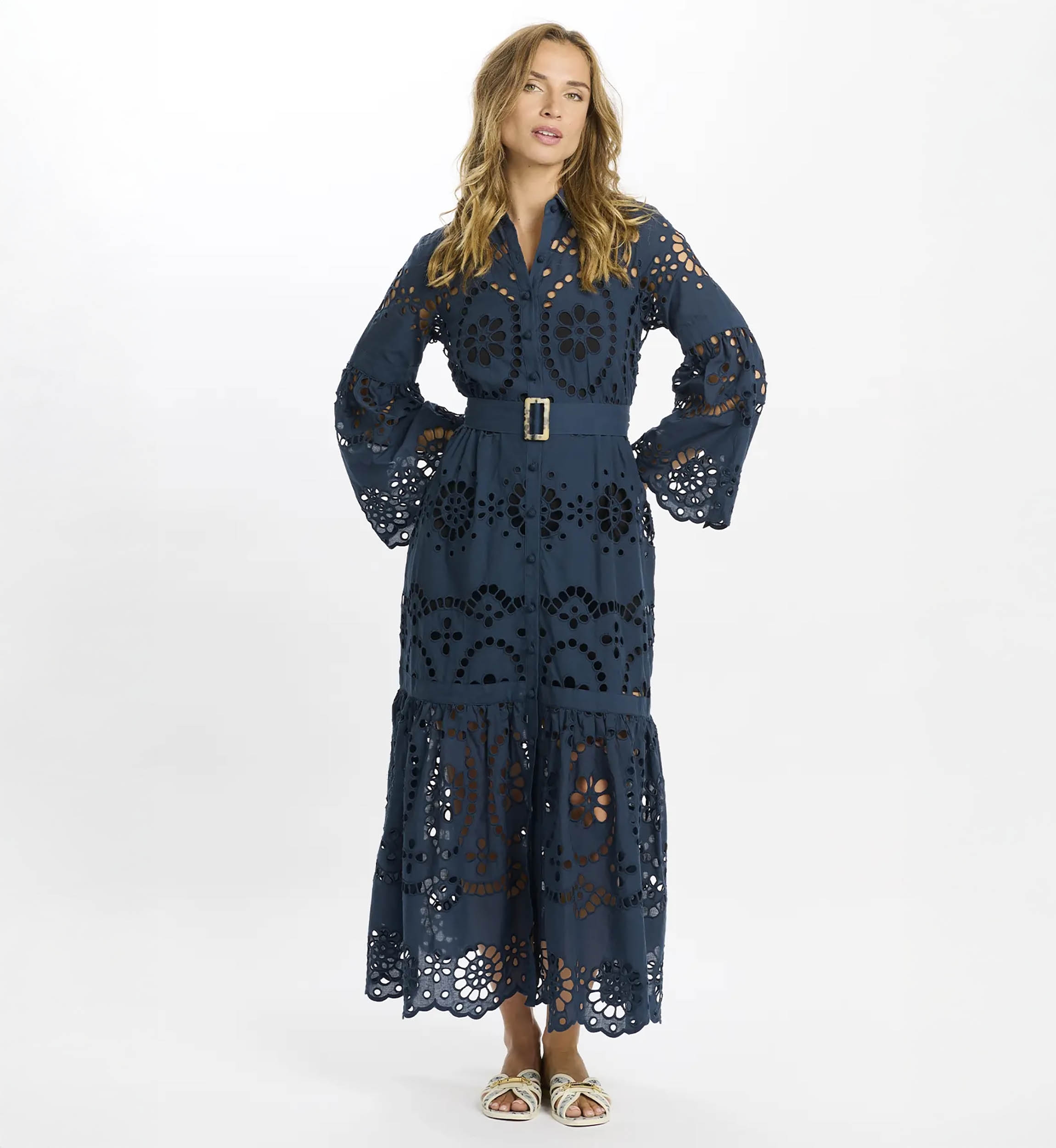 Dress Aurelia Long Sleeves Long Dress, 100% cotton laces with inner and belt - Miss June Paris - 2