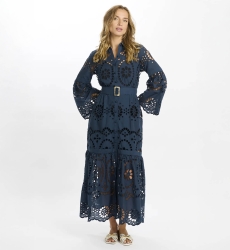 Vestido Aurelia – Vestido largo con mangas largas, 100 % algodón con encaje, forro y cinturón – Miss June Paris - 2