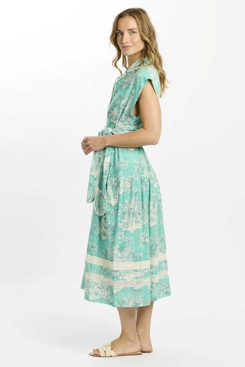 Vestido Avani largo – Vestido midi color aqua con forro y cinturón, 100 % algodón flameado estampado – Miss June Paris - 4