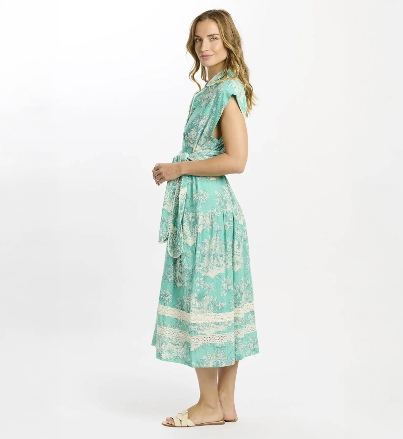 Avani long dress – Mid-length aqua dress with lining and belt, 100% printed slub cotton – Miss June Paris - 4