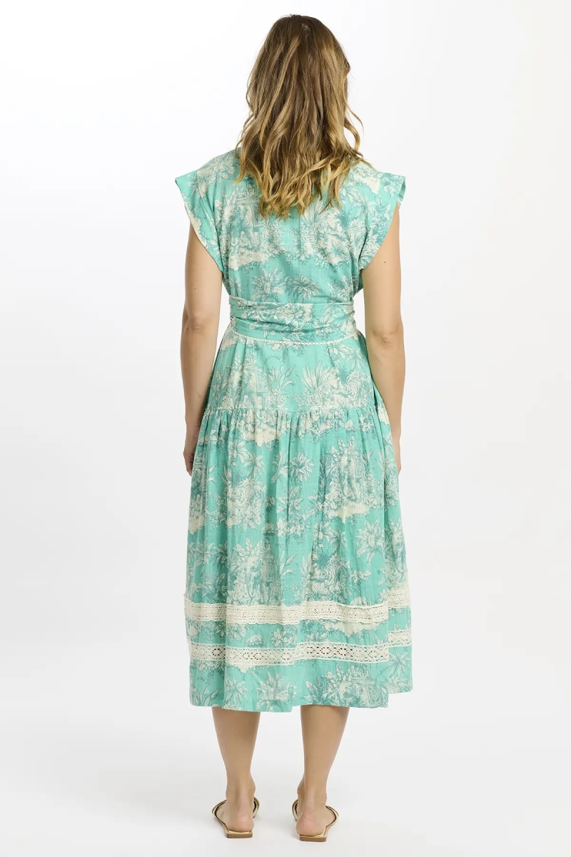 Avani Long Dress – Robe mi-longue aqua avec doublure et ceinture, 100% en coton flammé imprimé - Miss June Paris  - 5